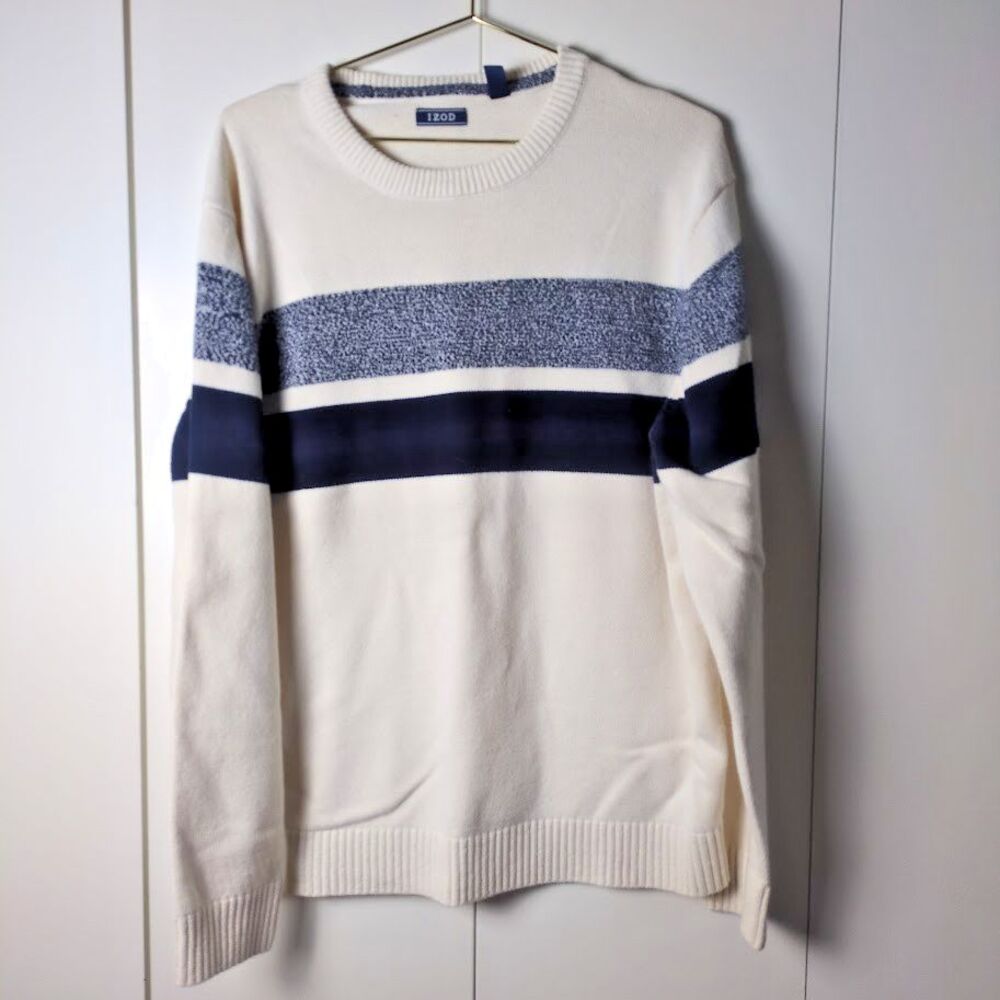 IZOD Mens  XXL crew neck  Pullover Blue Cream Ivory Sweater Warm Winter Stripe
